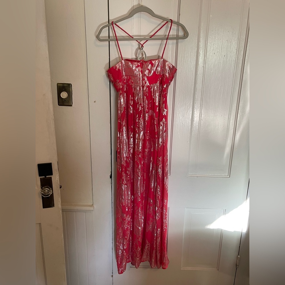 Strapless Watermelon Pink Evening Dress with Silver Foil Accents Silk/Metallic